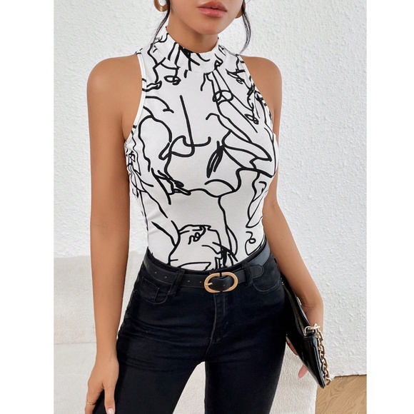Abstract Face Print White Sleeveless Top Slim Fit High Neck - Picture 2 of 8